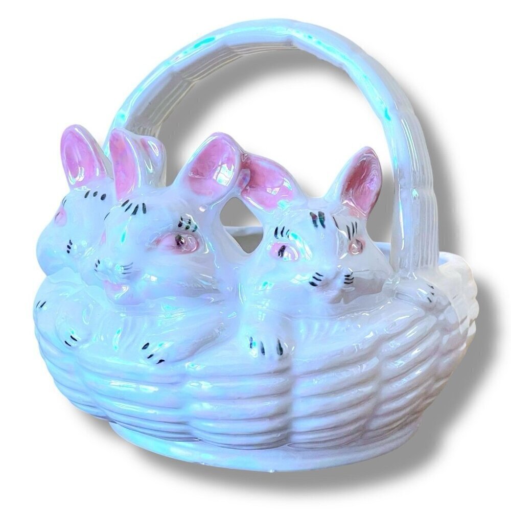 Vintage Atlantic Mold Ceramic Easter Basket Iridescent Bunny Rabbits Candy Dish